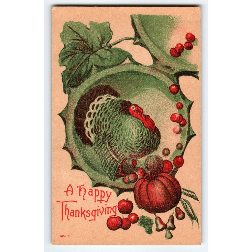 Vintage Thanksgiving Turkey Lithograph Postcard With Pumpkin & Berries